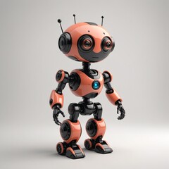 Minimalist Coral and Black Robot in Isolation on White