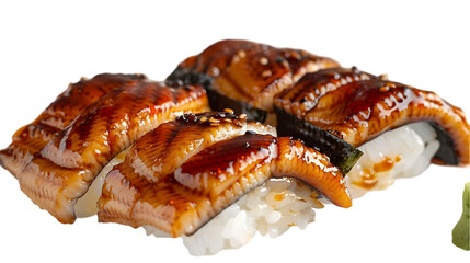  Unagi donburi and unagi nigiri showcased together on a pristine white surface, their caramelized eel slices glistening