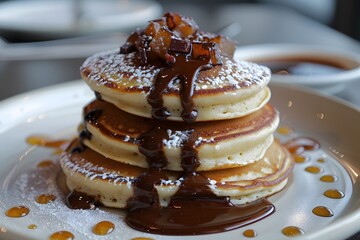 Delicious Stack of Pancakes Drizzled with Chocolate and Topped with Caramelized Nuts