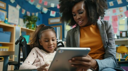 Obraz premium Teacher and student using a tablet in a classroom