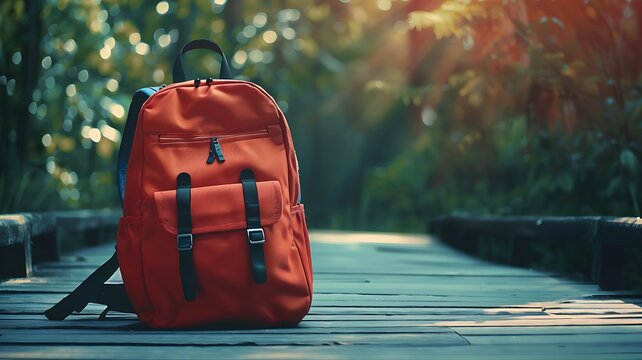 Red backpack on a forest pathway nature background