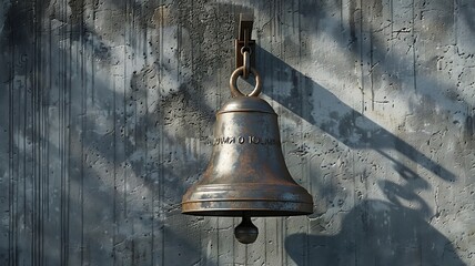 Obraz premium Weathered metal bell on textured concrete wall