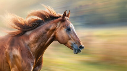 Obraz premium A horse with a glossy brown coat runs at full speed, its mane flowing in the wind, set against a blurred background of warm tones.
