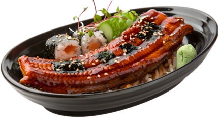  Unagi donburi garnished with shiso leaves and sesame seeds beside unagi nigiri