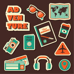 Set of travel stickers and elements in retro style. Vintage collection of isolated badges and stamps. Nostalgia of 80s. Journey icons