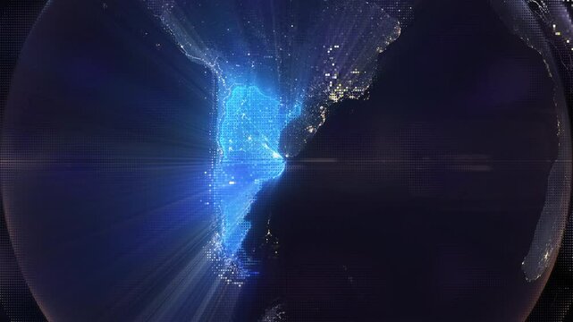 Digital Pixel Art Earth Night from Space Rotate and Zoom Shining Country Argentina