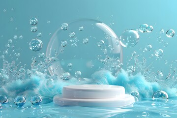 Refreshing Aqua-Themed Product Display with Bubbles and Splash Effects