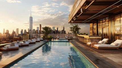 A rooftop pool with stunning city skyline views