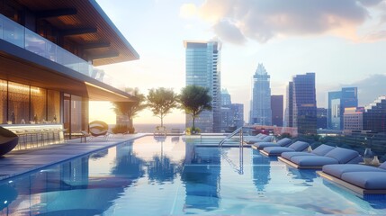 Naklejka premium A rooftop pool with stunning city skyline views