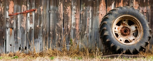 A worn-out tractor tire leaning against a barn wall, farm life, rustic charm