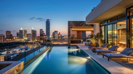 Obraz premium A rooftop pool with stunning city skyline views