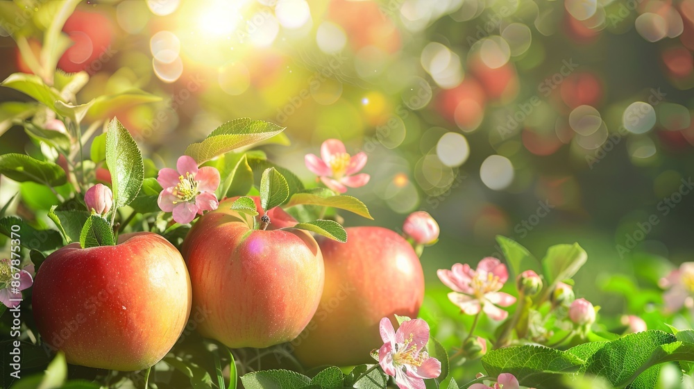 Poster a close-up of three red apples hanging from a tree branch, surrounded by vibrant pink blossoms and l