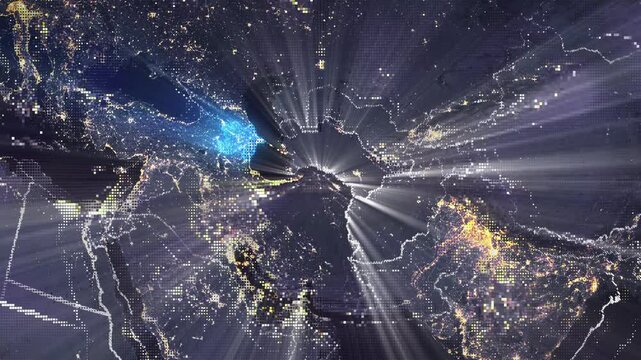 Digital Pixel Art Earth Night from Space Rotate and Zoom Shining Country Azerbaijan