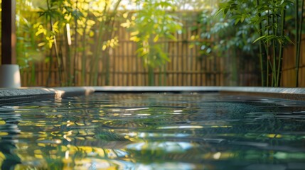 Fototapeta premium A serene pool in a spa setting, surrounded by bamboo and natural stone