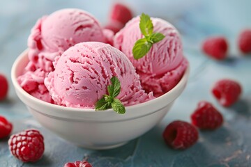 Refreshing Raspberry Ice Cream Scoops with Mint Garnish