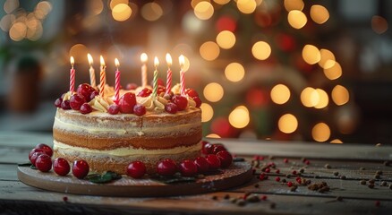 Birthday Cake With Candles Lit on a Wooden Table in a Cozy Setting