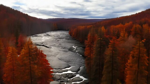 A wide river flowing through an autumn forest surrounded by trees with red-orange foliage. Concept: quadriptych nature, autumn, landscape, tranquility.
