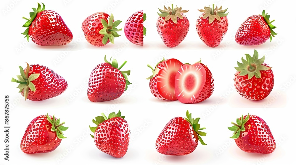 Poster a collection of fresh, red strawberries isolated on a white background. the image shows whole strawb