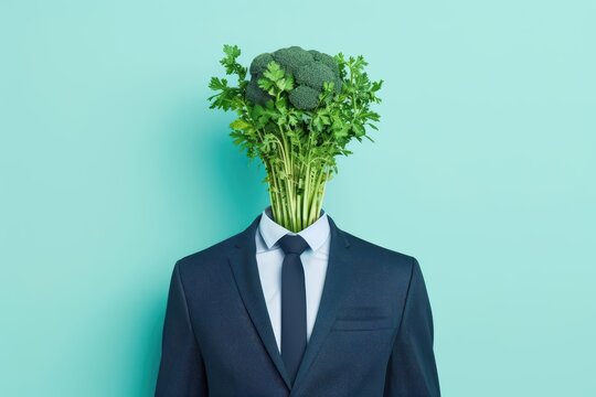 Embrace a unique and playful twist with a cyber boss donning a vegetable head, where creativity and fun merge, with ample copy space for impact