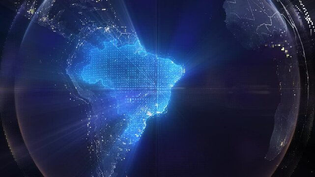 Digital Pixel Art Earth Night from Space Rotate and Zoom Shining Country Brazil