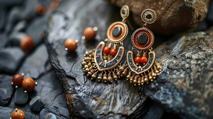 Naklejka premium Stylish Earrings Displayed on Stone backdrop
