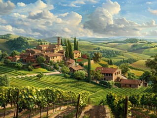 Italian Village Nestled Among Green Hills and Vineyards on a Sunny Day