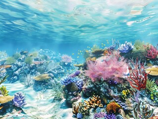 Fototapeta premium Vibrant Coral Reef Ecosystem Underneath Clear Blue Water