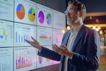 Enthusiastic sales manager presenting statistics on a digital dashboard, corporate office, rule of thirds