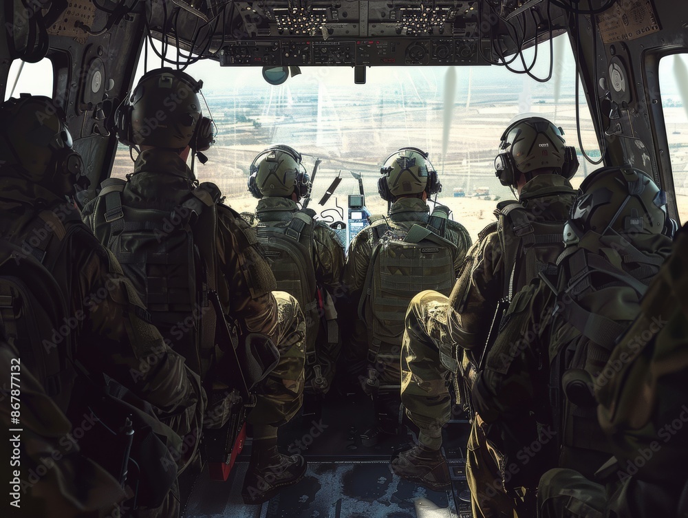 Wall mural soldiers looking out of helicopter during daytime operation