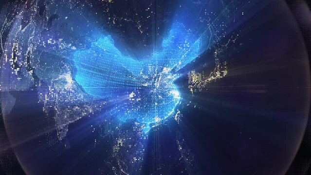 Digital Pixel Art Earth Night from Space Rotate and Zoom Shining Country China