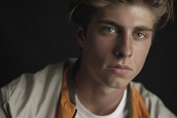 Obraz premium Close-up portrait of a young man of European descent, studio photo, against a sleek gray studio backdrop