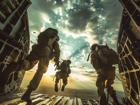 Soldiers Preparing for Parachute Jump From Military Aircraft
