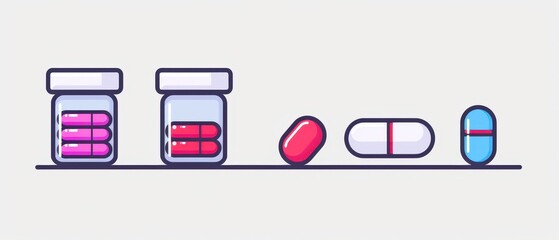 Medical line illustration of drug pharmacy icons, effervescent pills, and antibiotics.