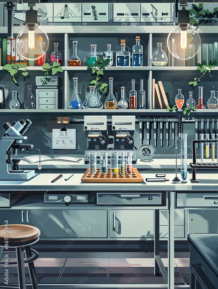 Poster a modern laboratory with a well-equipped workstation featuring glassware, test tubes, and a microsco