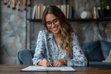 Woman Smiling While Writing in a Cozy Home Office