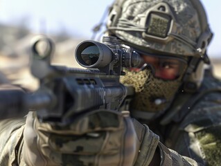Fototapeta premium Close Up of a Soldier Aiming a Rifle With Scope During Training