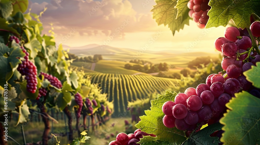 Poster A close-up of red grapes hanging from a vine with a vineyard in the background. The sun is setting and casting a warm glow over the landscape. Generative AI