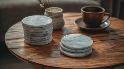 A set of marble coasters on a wooden table