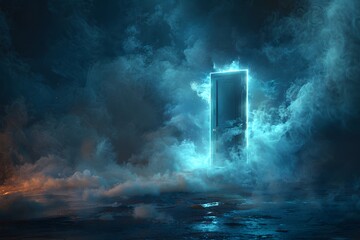 Mysterious Glowing Door in a Foggy, Ethereal Landscape