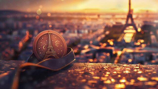 Olympic Flame with Eiffel Tower at Sunset, Symbol of Summer Olympic Games