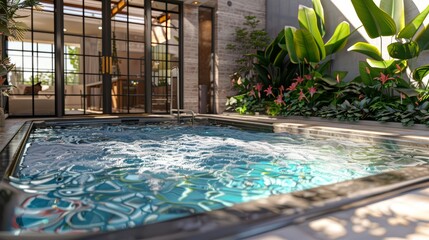 A sparkling pool with a built-in jacuzzi