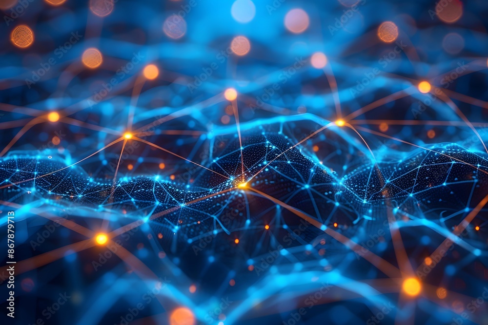 Poster abstract visualization of a digital network with glowing nodes and connections