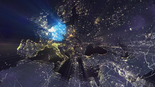 Digital Pixel Art Earth Night from Space Rotate and Zoom Shining Country Germany