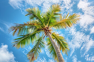 A palm tree viewed from below with green fronds against a partly cloudy blue sky creating a tropical and serene atmosphere