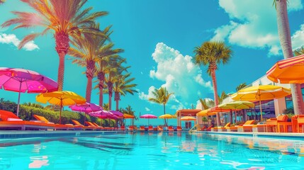 Obraz premium A vibrant resort pool with palm trees and colorful sun umbrellas