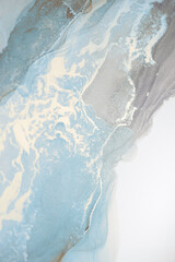 Fototapeta premium A close-up abstract painting featuring a swirling blend of light blue and gray watercolor. Delicate white veins trace through the paint, creating a dynamic and ethereal effect