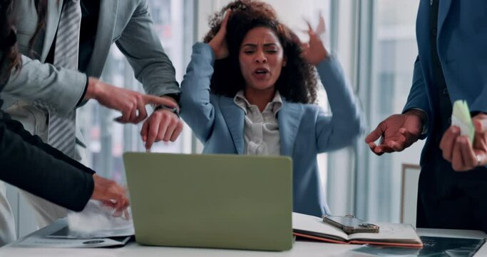 Business woman, multitasking and laptop for time management, mental health and frustrated at desk. Timelapse, overwhelmed and stress with burnout, office and tech for workflow in finance agency