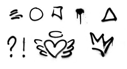 Graffiti symbols. Spray painted heart, crown, circle square, splashes and lines.