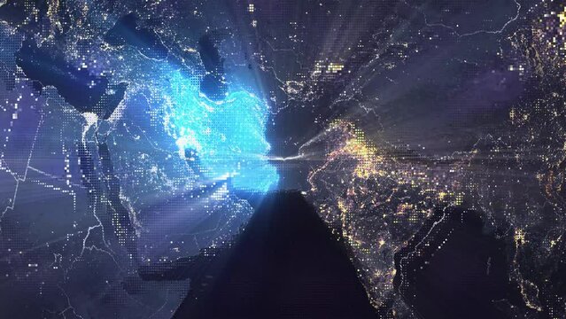 Digital Pixel Art Earth Night from Space Rotate and Zoom Shining Country Iran