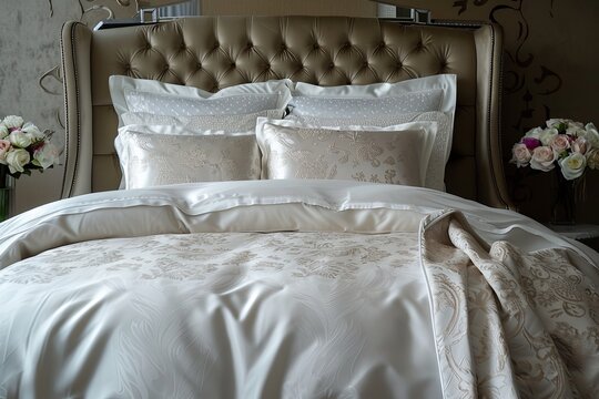 A close-up shot of a luxurious bed with white bedding featuring a floral pattern and a tufted headboard. Generative AI
